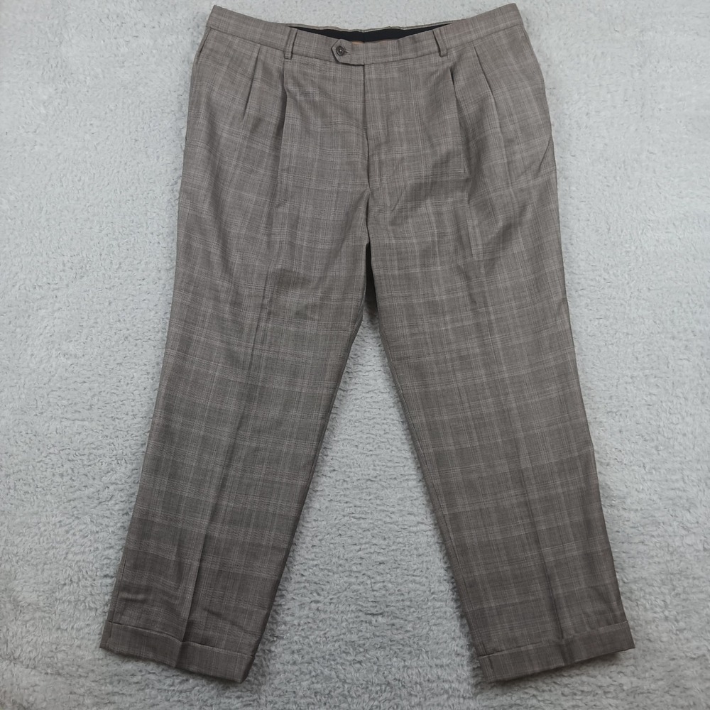 Jos. A. Bank Dress Pant Pleated Mens 41x28.5 Grey Glen Plaid Cuffed Trousers